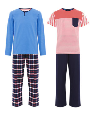 2 Pack Pure Cotton Striped & Checked Pyjamas Image 2 of 4