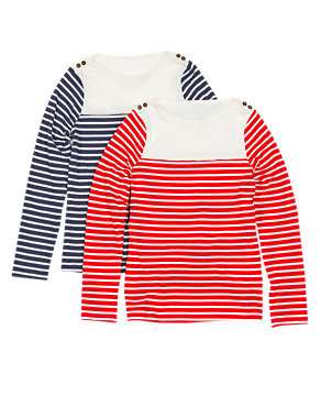2 Pack Pure Cotton Striped T-Shirts with StayNEW™ (5-14 Years) Image 2 of 5