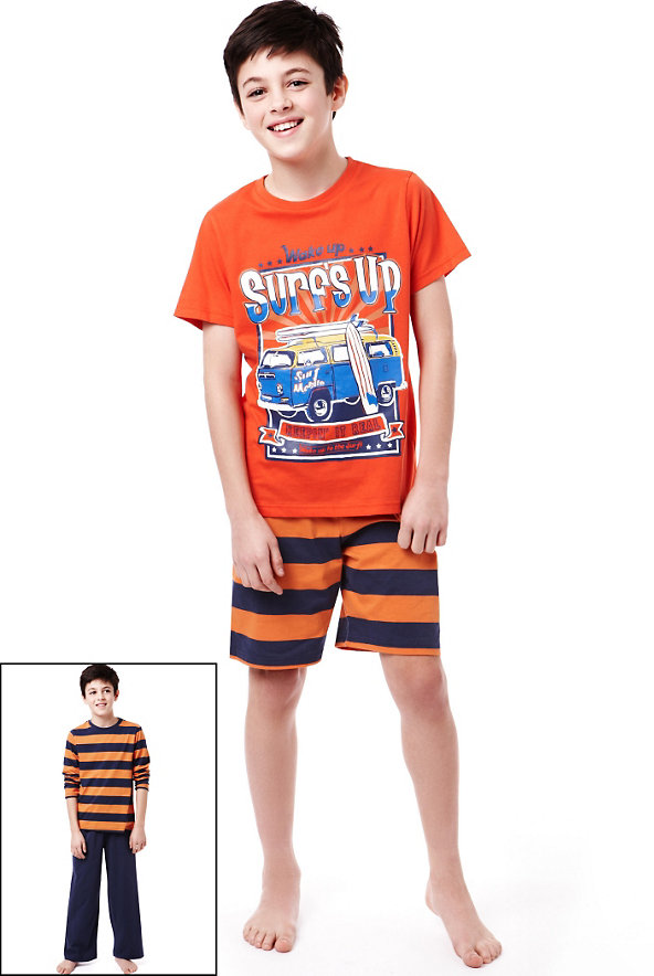 2 Pack Pure Cotton Surf's Up Short Pyjamas (5-14 Years) Image 1 of 1