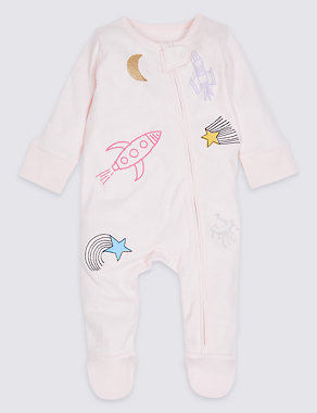 2 Pack Pure Cotton Zip Through Space Sleepsuits Image 2 of 7