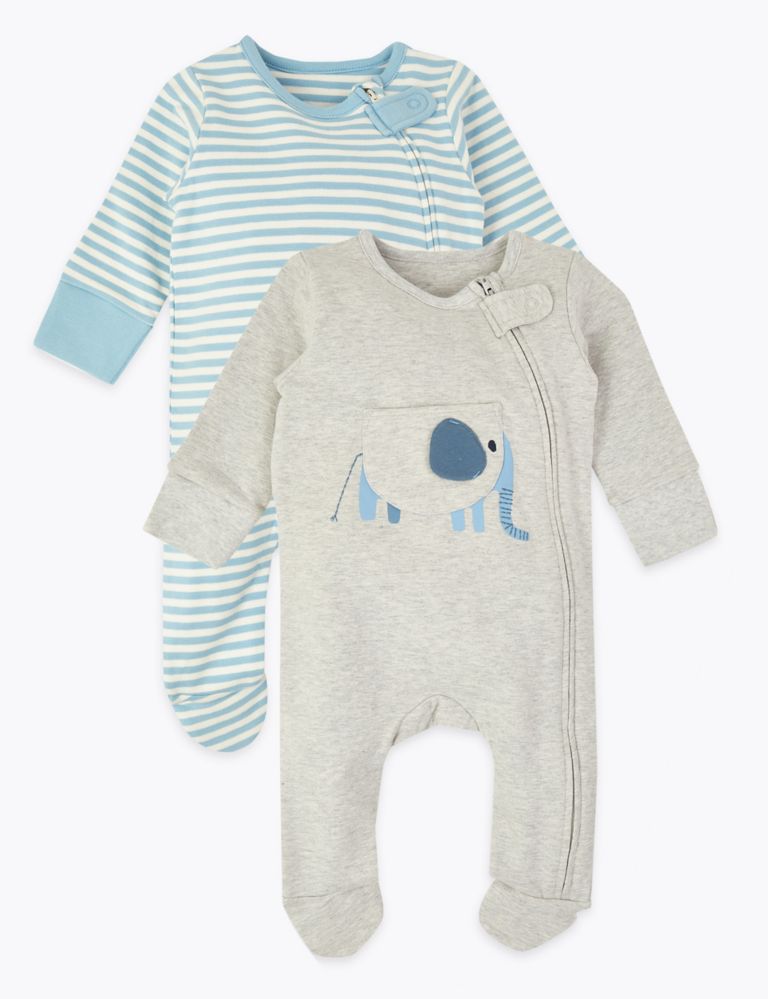 2 Pack Striped & Elephant Sleepsuits (7lbs-3 Yrs) 1 of 7