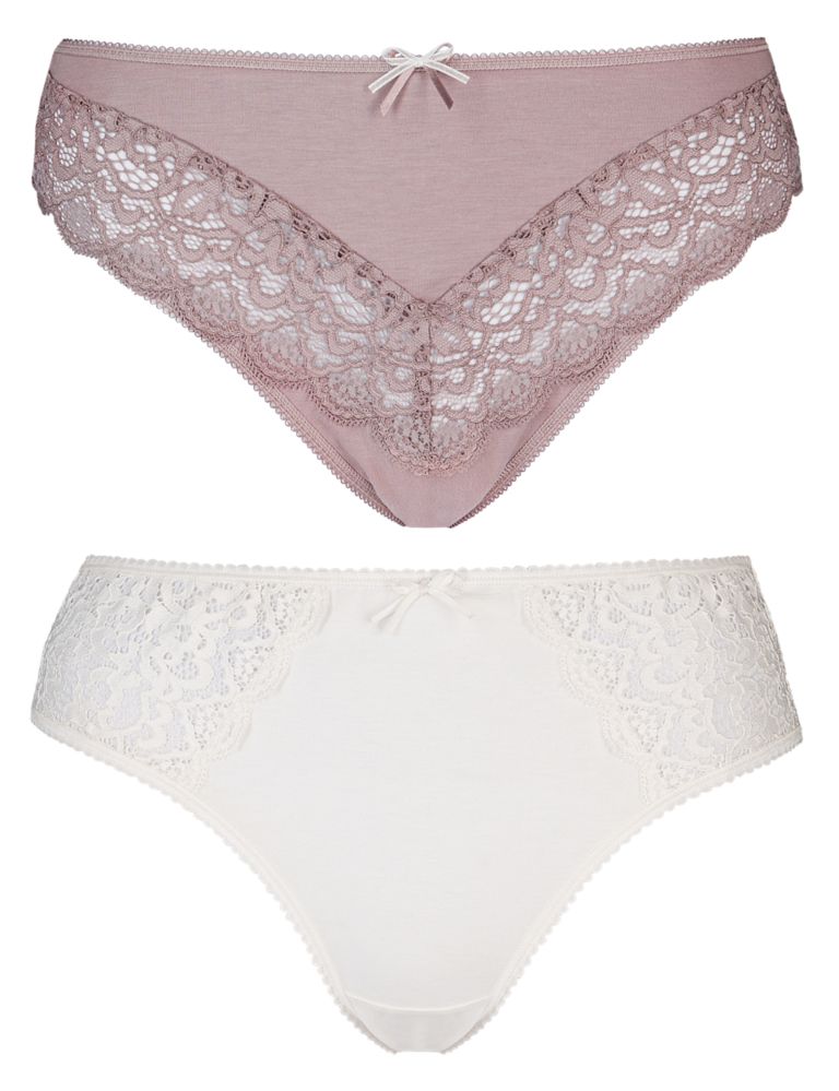 2 Pack Supima® Ornate Lace High Leg Knickers 2 of 5