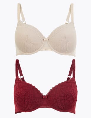 2 Pack Texture & Lace Full Cup Bra A-E, M&S Collection