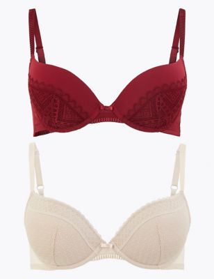 2 Pack Lace Padded Push-up Plunge Bras A-DD, M&S Collection