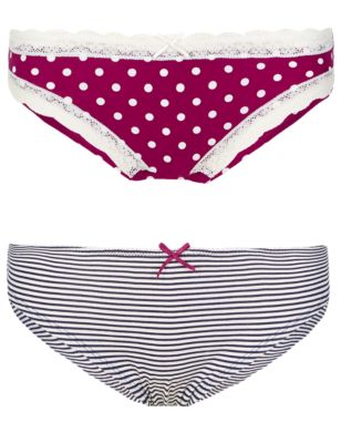 2 Pair Pack Cotton Rich Spotted & Striped Brazilian Knickers Image 2 of 4