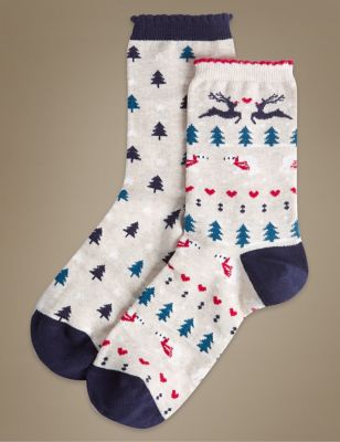 2 Pair Pack Fairisle Christmas Ankle High Socks Image 1 of 2