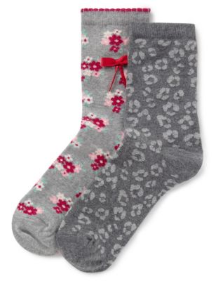 2 Pair Pack Floral & Animal Socks Image 1 of 1