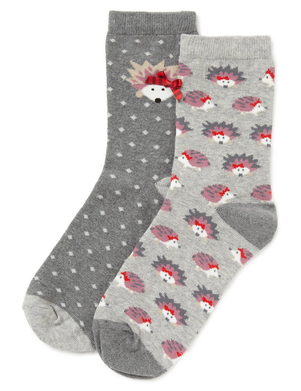 2 Pair Pack Hedgehog & Bow Design Socks Image 1 of 1