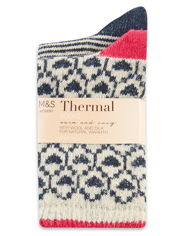 2 Pair Pack Thermal Assorted Socks with Wool Image 1 of 2