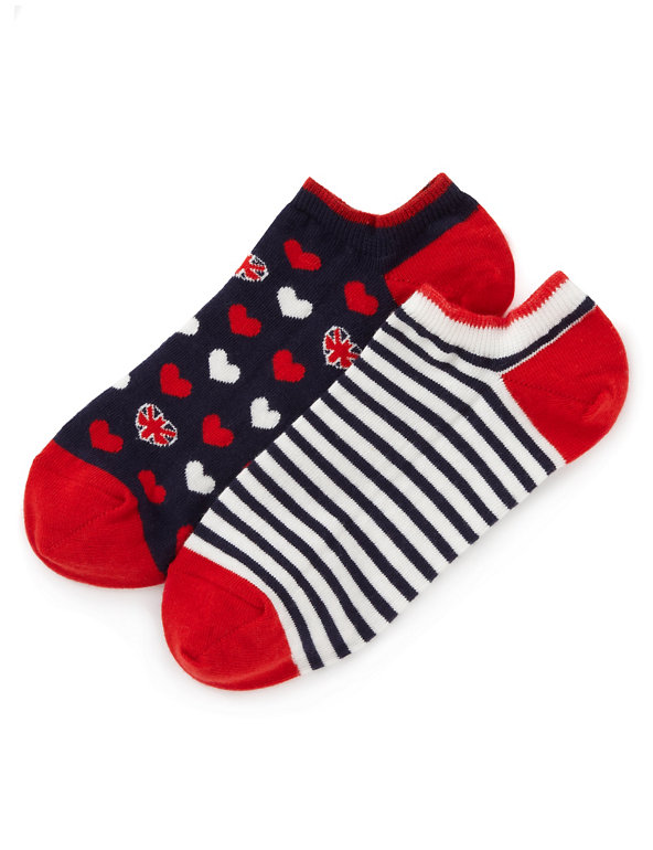 2 Pair Pack Union Jack & Heart Print Trainer Liner™ Socks Image 1 of 1