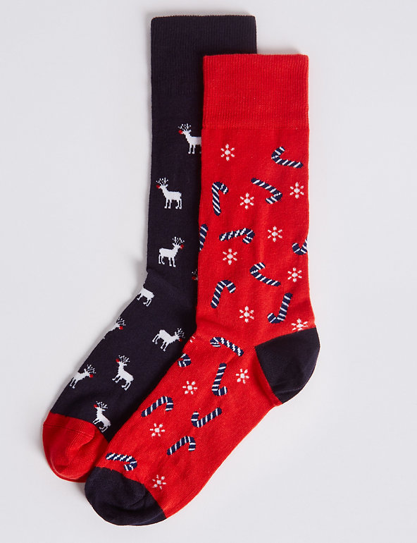 2 Pairs of Cotton Rich Christmas Socks Image 1 of 1