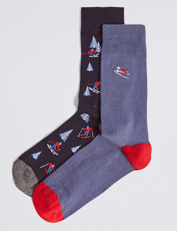 2 Pairs of Cotton Rich Embroidered Socks Image 1 of 1