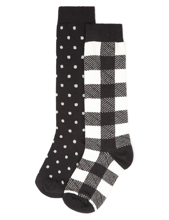 2 Pairs of Cotton Rich Gingham Checked & Spotted Knee High Socks (5-14 Years) Image 1 of 1