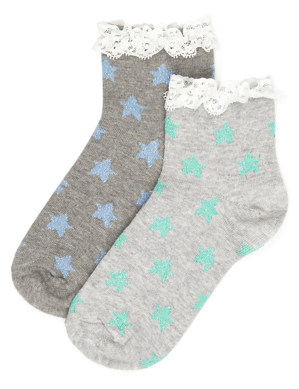 2 Pairs of Cotton Rich Scallop Trim Star Print Socks (5-14 Years) Image 1 of 1