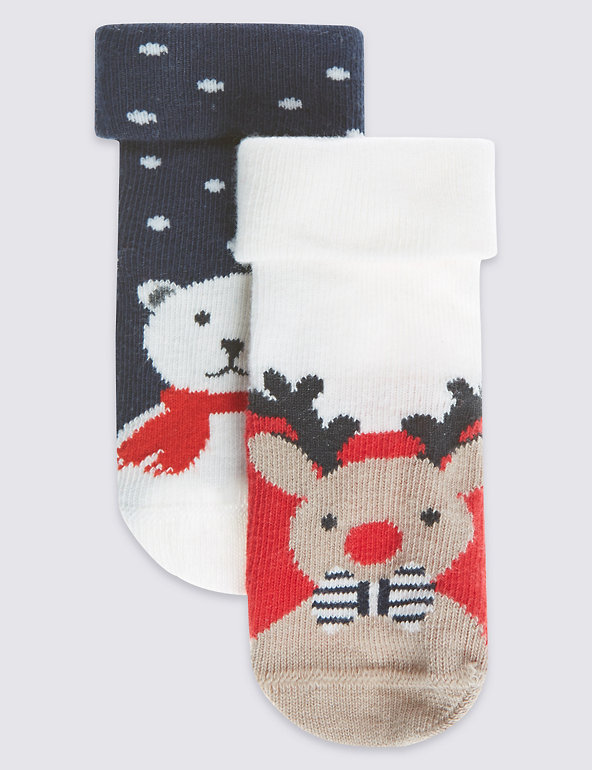 2 Pairs of Cotton Rich StaySoft™ Reindeer Socks (0-24 Months) Image 1 of 2