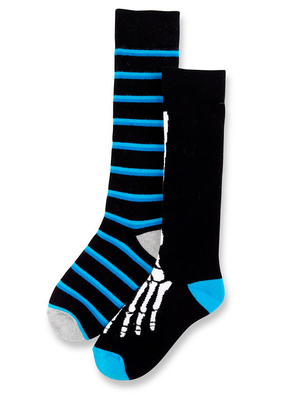 2 Pairs of Cotton Rich Thermal Skeleton & Striped Sports Welly Socks (5-14 Years) Image 1 of 1