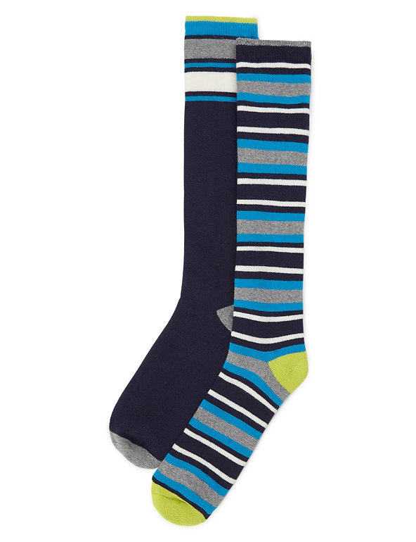2 Pairs of Freshfeet™ Cotton Rich Striped Thermal Welly Socks with Silver Technology (5-14 Years) Image 1 of 1