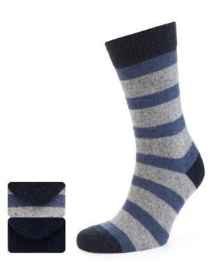 2 Pairs of Marl Block Striped Socks with Wool Image 1 of 1