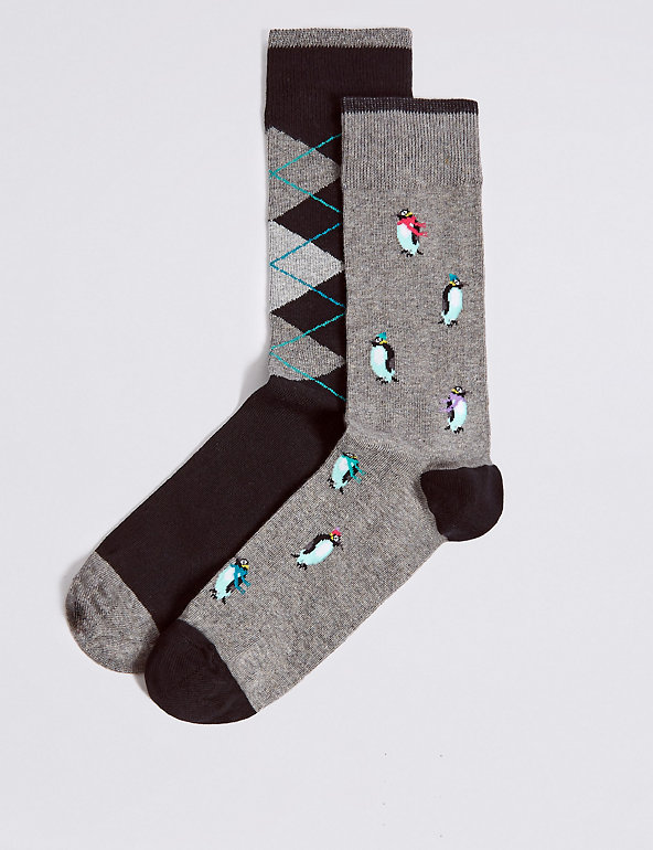 2 Pairs of Penguin Argyle Cotton Rich Socks Image 1 of 1