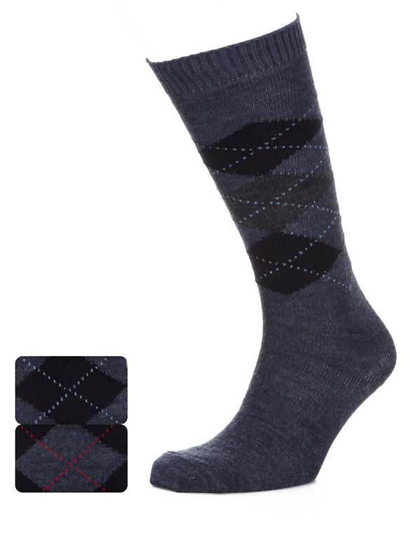 2 Pairs of Wool Blend Argyle Long Socks Image 1 of 1