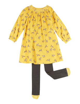 2 Piece Cotton Rich Deer Print Corduroy Dress & Tights Outfit (1- 7 Years) Image 2 of 3