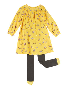 2 Piece Cotton Rich Deer Print Corduroy Dress & Tights Outfit (1- 7 Years) Image 2 of 3