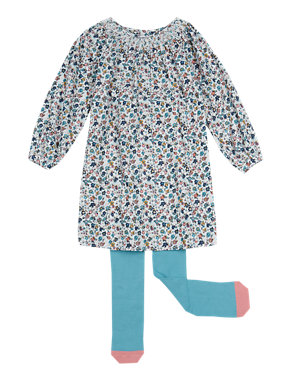 2 Piece Cotton Rich Ditsy Floral Corduroy Dress & Tights Outfit (1-7 Years) Image 2 of 3