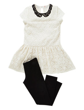 2 Piece Cotton Rich Floral Lace Dress & Leggings Girls Outfit (5-14 Years) Image 2 of 3