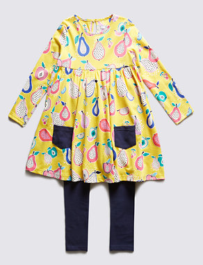2 Piece Cotton Rich Fruit Print Dress & Leggings Outfit (1-7 Years) Image 2 of 4
