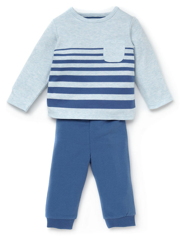 2 Piece Cotton Rich Marl Striped T-Shirt & Joggers Outfit Image 1 of 2