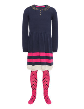 2 Piece Cotton Rich Mock Peter Pan Collar Dress & Tights Outfit Image 2 of 4