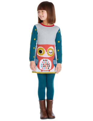 2 Piece Cotton Rich Owl Knitted Dress & Tights Outfit (1-7 Years) Image 1 of 3