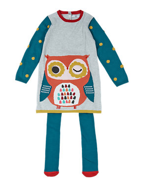 2 Piece Cotton Rich Owl Knitted Dress & Tights Outfit (1-7 Years) Image 2 of 3