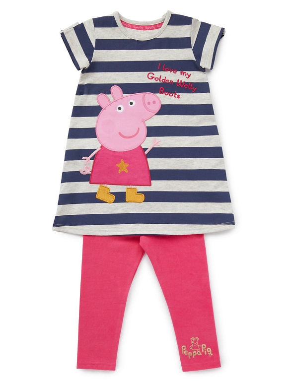 2 Piece Cotton Rich Peppa Pig™ Striped Tunic & Leggings Outfit with StayNEW™ (1-7 Years) Image 1 of 2