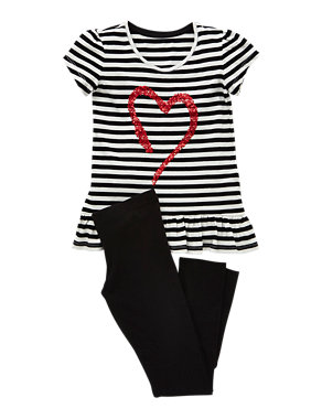 2 Piece Cotton Rich Sequins Embellished Heart Top & Leggings Outfit (5-14 Years) Image 2 of 5