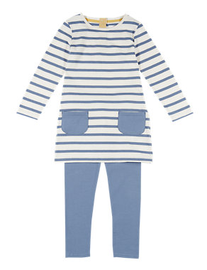 2 Piece Cotton Rich Striped Dress & Leggings Outfit (1-7 Years) Image 2 of 3