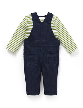 2 Piece Cotton Rich Striped T-Shirt & Dungaree Outfit Image 2 of 4