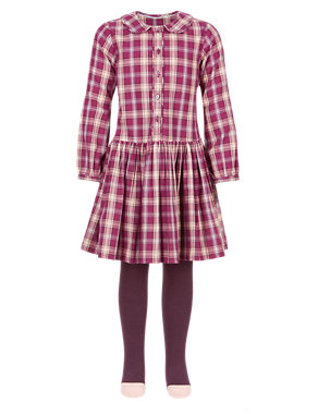 2 Piece Cotton Rich Tartan Checked Twill Dress & Tights Outfit (1-7 Years) Image 2 of 3