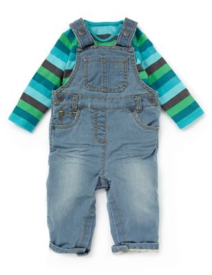 2 Piece Denim Dungaree & Striped Bodysuit Outfit Image 1 of 2