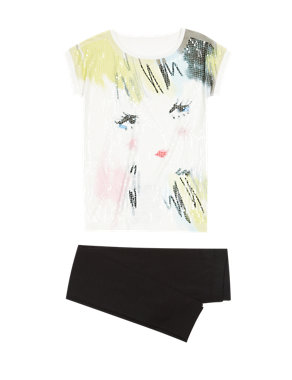 2 Piece Face Print T-Shirt & Leggings Outfit (5-14 Years) Image 2 of 3