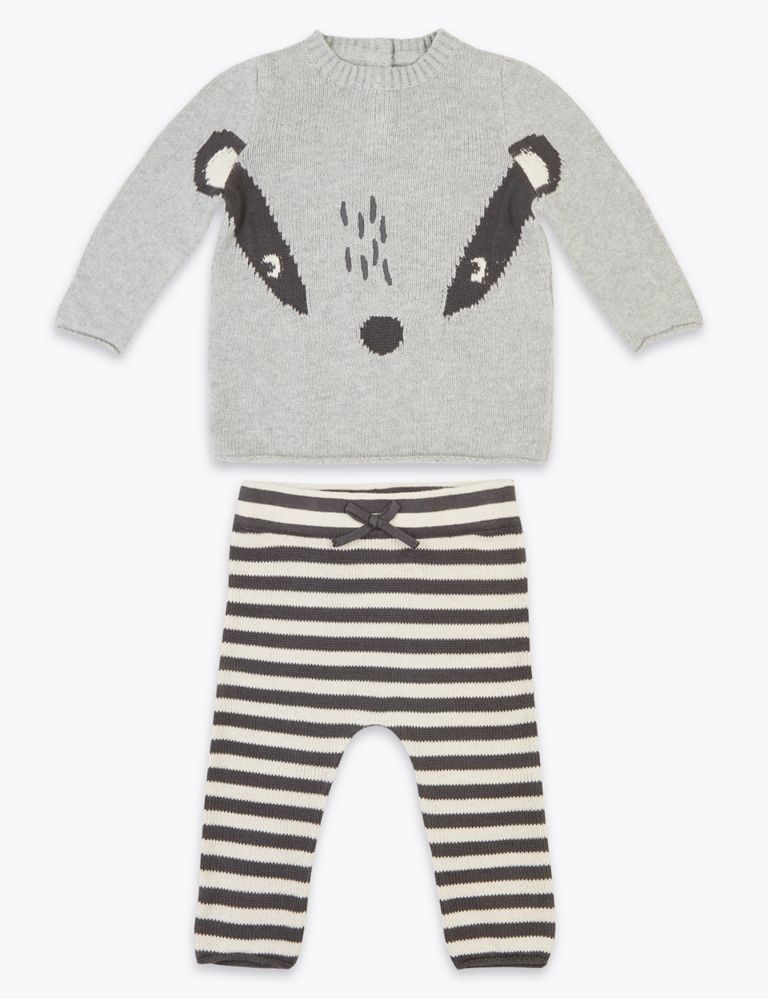 2 Piece Knitted Badger Top & Bottom Outfit (0-3 Yrs) 1 of 4
