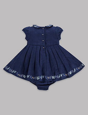 2 Piece Linen Blend Embroidered Dress with Knickers Image 2 of 5