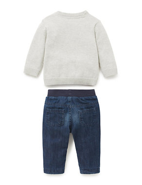 2 Piece Pure Cotton Bear Print Jumper & Jeans Outfit Image 2 of 4
