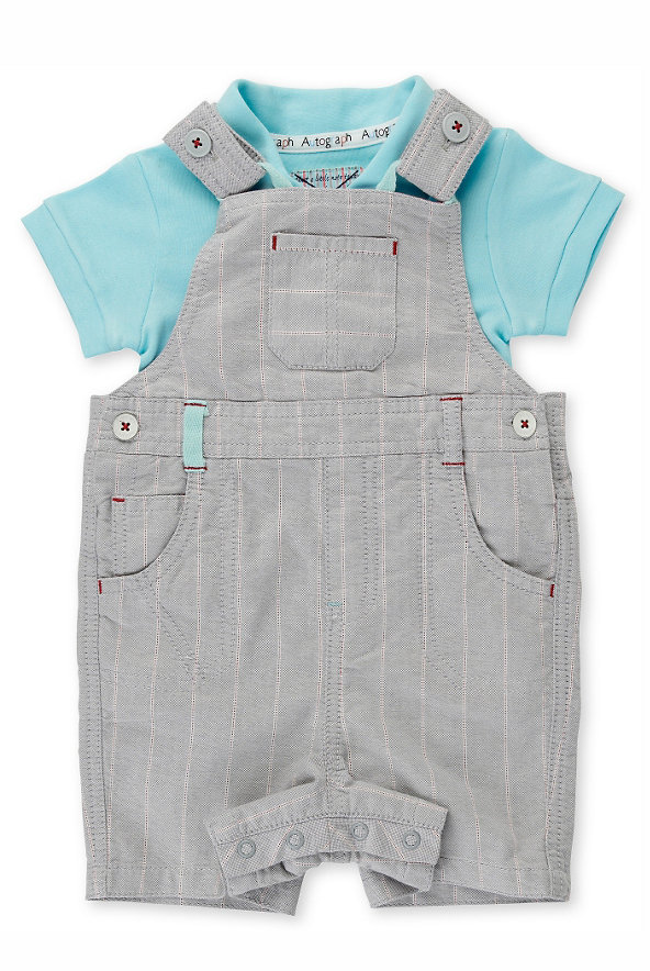 2 Piece Pure Cotton Bodysuit & Oxford Bibshort Dungaree Outfit Image 1 of 1