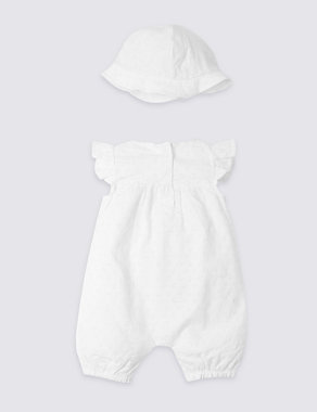 2 Piece Pure Cotton Broderie Romper with Hat Image 2 of 5