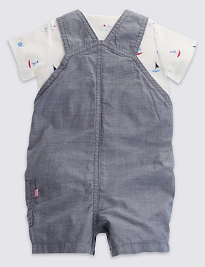 2 Piece Pure Cotton Chambray Dungaree & Bodysuit Outfit Image 2 of 4