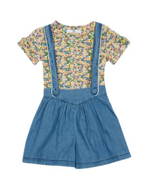 2 Piece Pure Cotton Floral T-Shirt & Pinafore Outfit (1-7 Years) Image 2 of 4