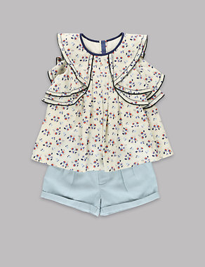 2 Piece Pure Cotton Floral Top & Shorts Outfit (1-7 Years) Image 2 of 3