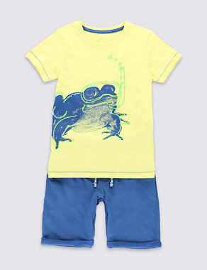 2 Piece Pure Cotton Frog Print T-Shirt & Shorts Outfit (1-7 Years) Image 2 of 4