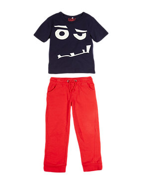 2 Piece Pure Cotton Monster Print T-Shirt & Joggers Outfit (1-7 Years) Image 2 of 3